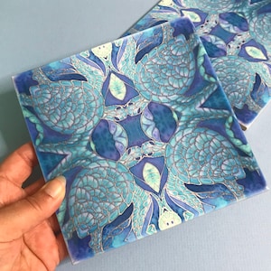 Blue Turtles Wall Tile - Ultramarine, Grey, Aqua Home Decor - Sea Turtle Kitchen Tile - Sea Life Tile Coasters