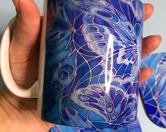 Blauer Schmetterling Kaffeebecher oder Schmetterlinge Becher & Untersetzer Set - Blau Küche Dekor - Schmetterlingsflügel Teebecher Geschenk - Kobalt Blau Schreibtischzubehör