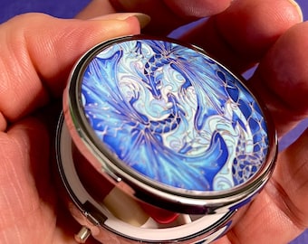 Dragons Handbag Size Tablets Box - Small Medicine Storage Container - Blue Aqua Pocket Pill Box - Dragon Lovers Gift.