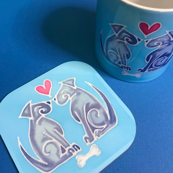Dog Lover Mug OR Ceramic Mug & Coaster Box Set - Happy Dogs Gift - Grey +  Blue With Red Hearts - Cute Dog Coffee Mug - Office Coworker Gift - Etsy