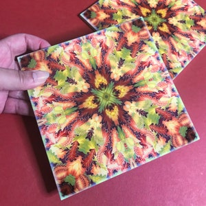 Oak Leaf & Acorns Ceramic Tile - Hand Printed Bathroom Wall Tile - Kaleidoscope Tile Art in Fall Colours - Kitchen Tile Trivet or Coaster