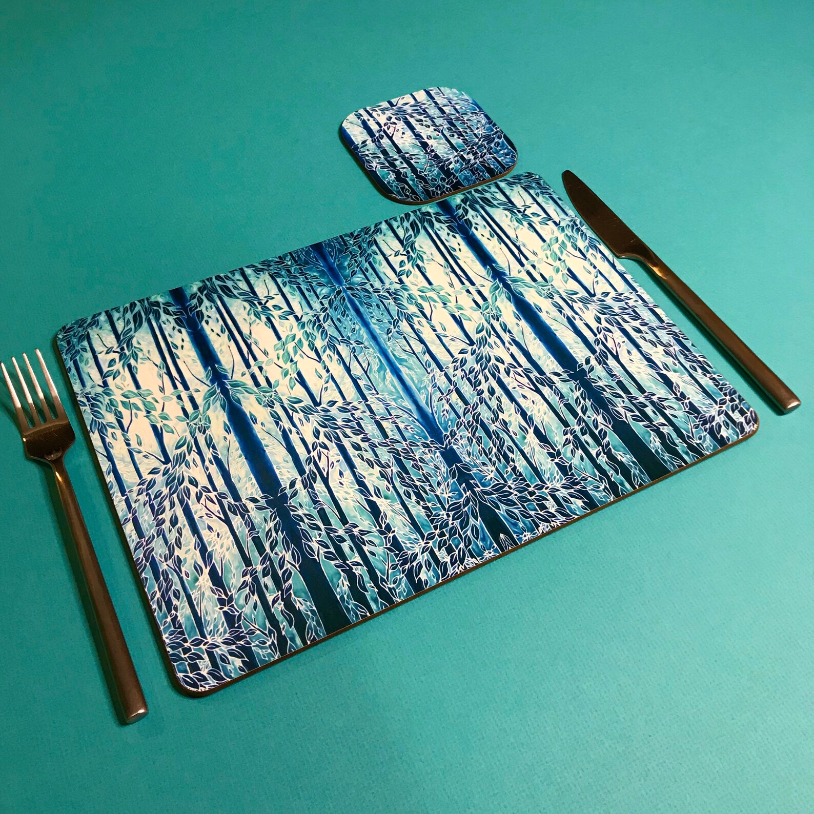 Teal Blue Placemats and Coasters Trees Rectangular Dining Etsy