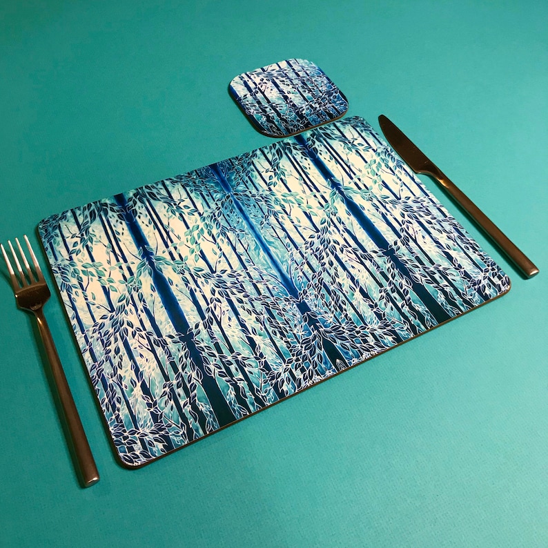 Teal Blue Placemats and Coasters Trees Rectangular Dining Etsy UK