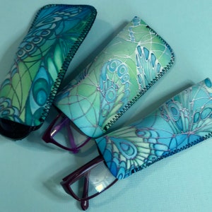 Green Butterfly Soft Glasses Case - Mint & Turquoise Protective Spectacles  Pouch - Fabric Slip On Reading Glasses Case for Pocket or Handbag