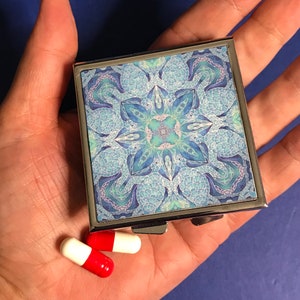 Turtle Mandala Pocket Pill Box - Large Pill Container for Handbag - Blue & Aqua Bathroom Decor - Gift for Grandma, Mum or Friend