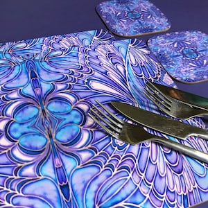 Soft Blue and Lilac Table Mats and Coasters -  Blueberry Butterfly Pattern  - Pretty Butterfly Tableware - Hard Wearing Placemats
