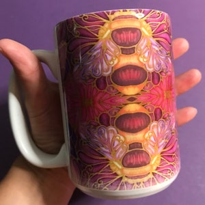 Pink Plum Gold Bees Extra Large Coffee Tea Mug - Beautiful Honey Bee Ceramic Tea Mug - Bumble Bee Vibrant Kitchen Decor -
