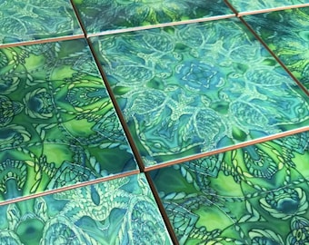 Hand Printed Green Turtle Tiles - Set of 34
