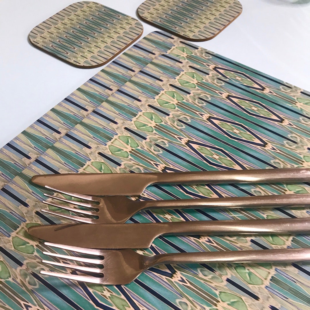 Teal Sage Green Deco Style Table Mat & Drinks Coaster Set Turquoise