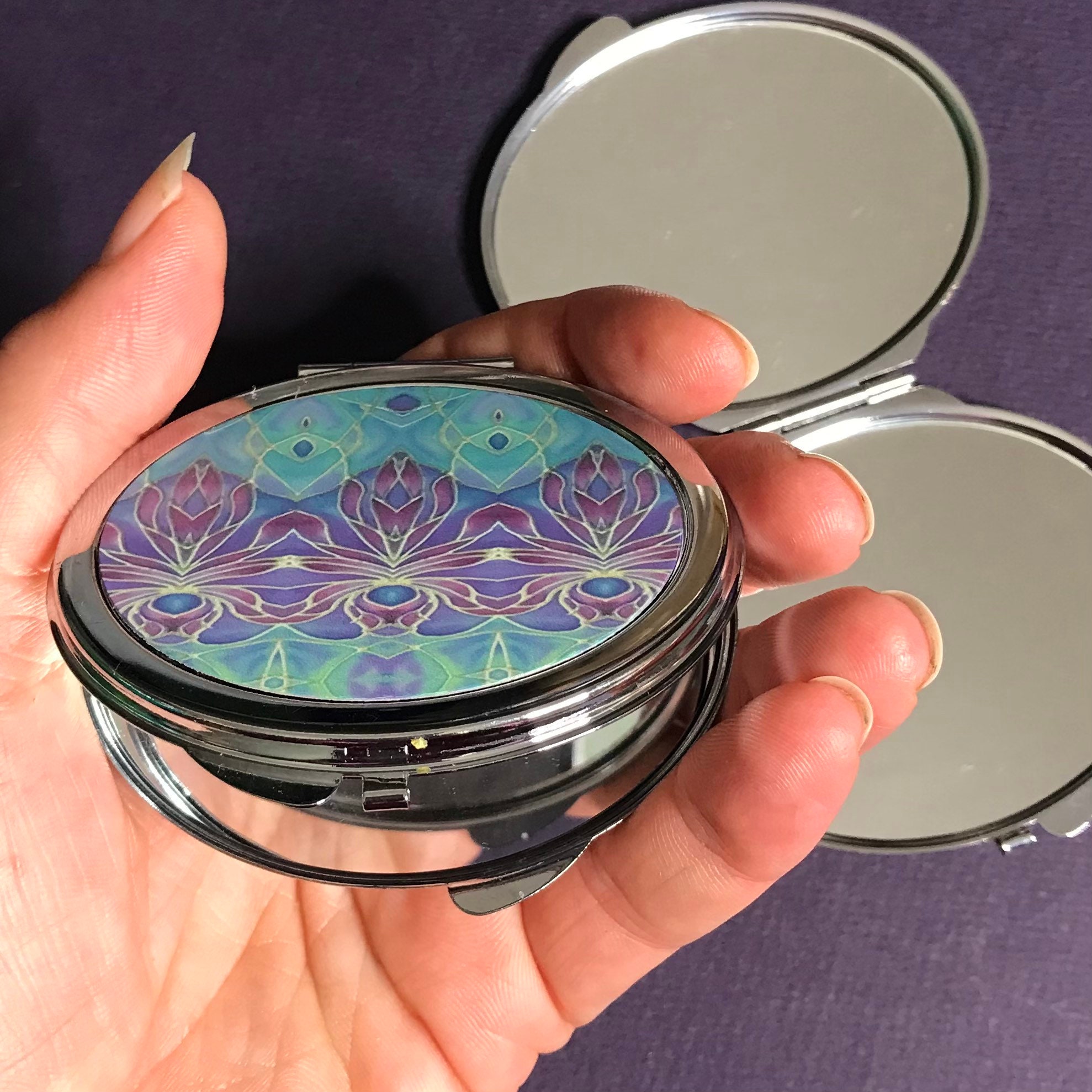 Persian Orchid Oval Pocket Mirror - Handbag Mirror in Purple and