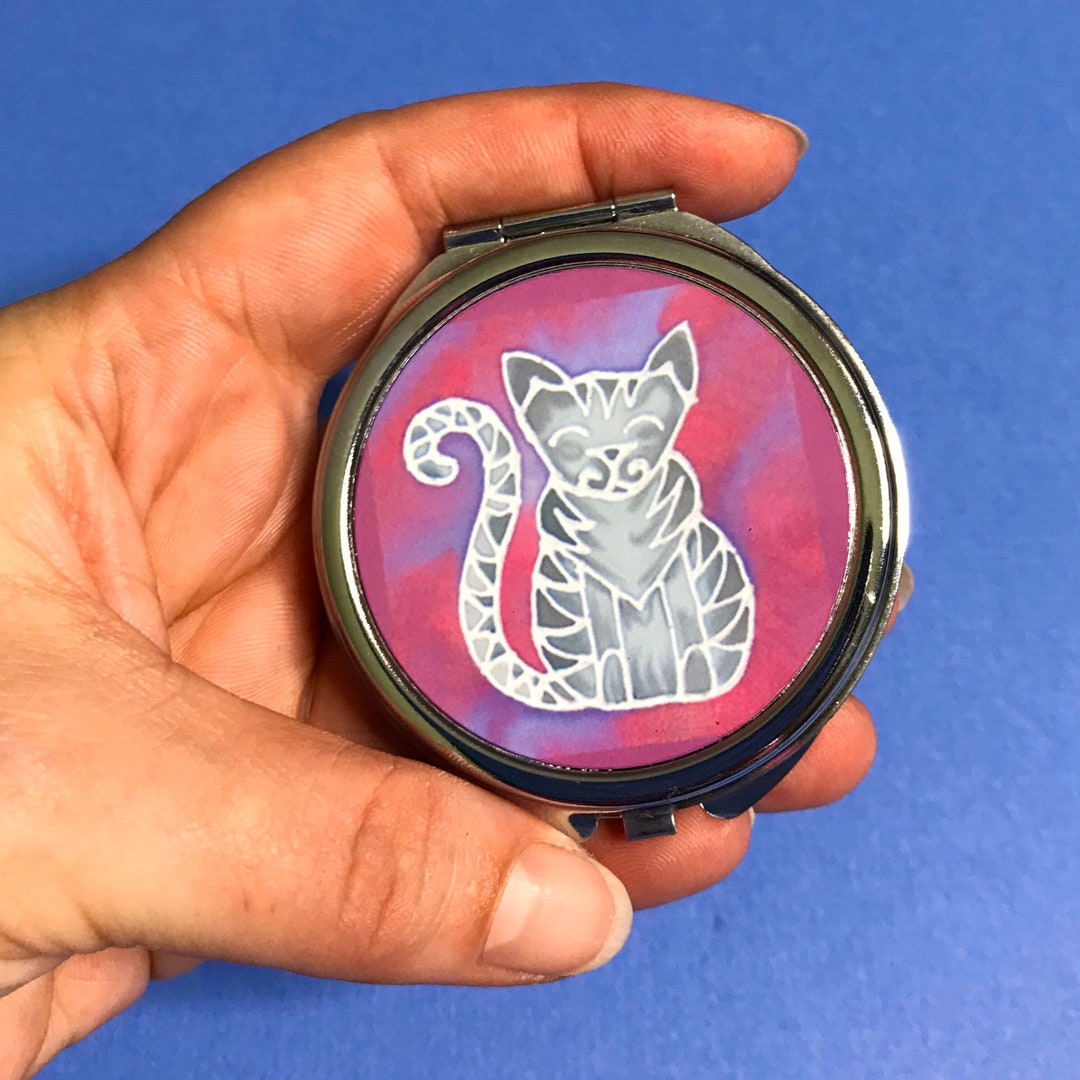 Happy Cat Pocket Mirror Grey Tabby Cat Compact Mirror Pink Grey Small