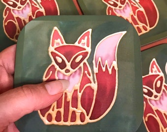Cute Fox Mug Coaster - Woodland Fox Drinks Mat - Wildlife Lover Wine Glass Coaster - Green & Rust Kitchen Decor - Fox Lover Gift - Nature