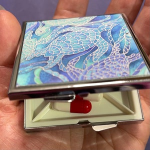 Blue Turtle Pocket Pill Box - Large Pill Container for Handbag - Blue & Aqua Bathroom Decor - Gift for Grandma, Mum, Dad or Friend