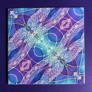 May include: A square tile featuring an abstract design of a butterfly with intricate details in shades of blue, purple, and green. The butterfly is surrounded by a geometric pattern in white.