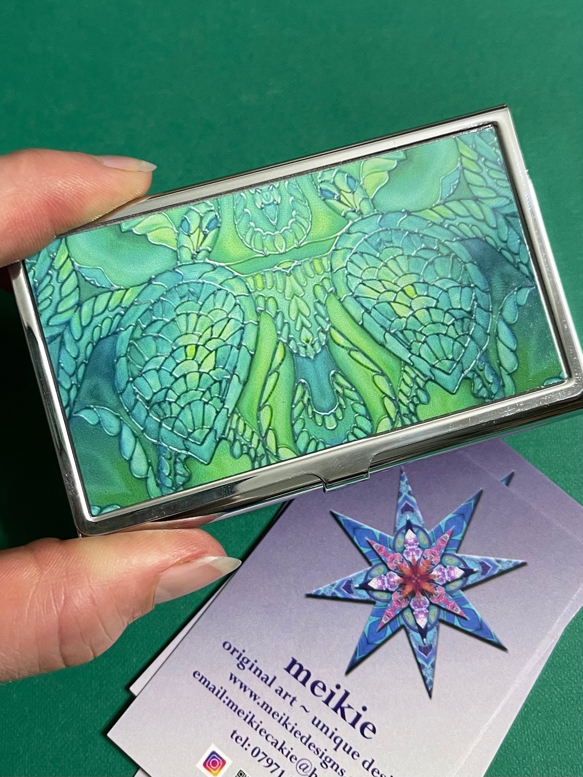 Beautiful Turtles Business Card Case - Green Aqua Metal Business Card Holder - Turtle Print card case -  Introduction Card case