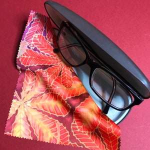 May include: Black framed spectacles with a patterned microfiber cleaning cloth and a hard case. The case is grey and has a smooth surface.