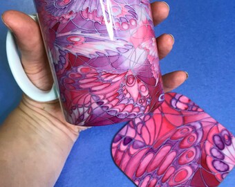 Pink Purple Butterfly Coffee Mug OR Plum Damson Butterflies Ceramic Mug & Coaster Box Set - Coffee Lover Gift - Mug for Mum - Pink Lady Gift