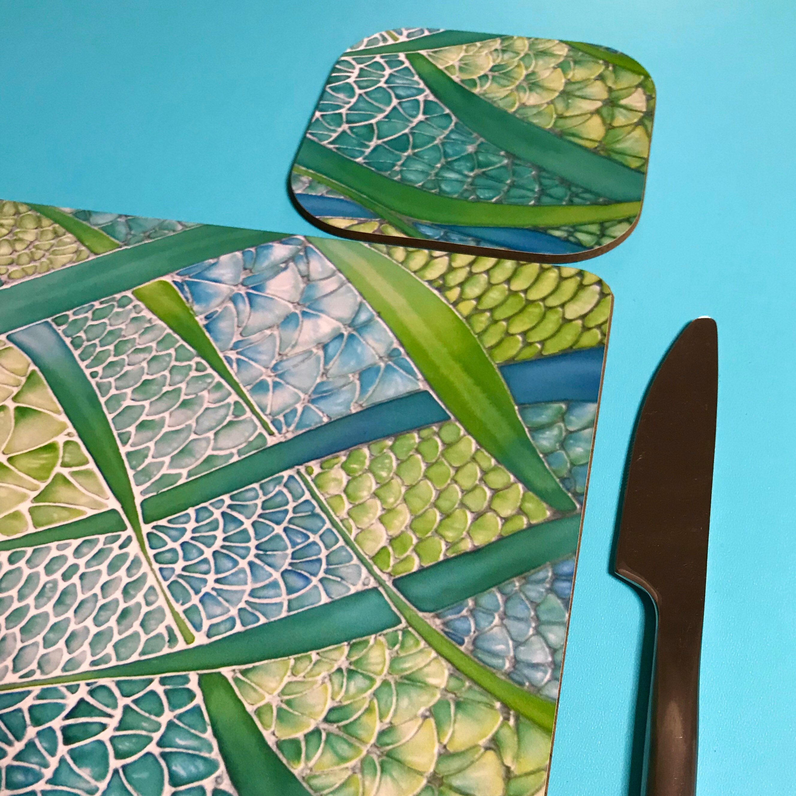 Green Table Mat & Drinks Coaster Set Mint Water Pattern Wine Etsy UK