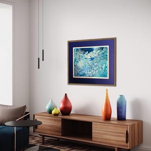 coral reef large art piece in blues and aquas. limited edition signed art print from an original painting on silk by Meikie. 65x85cm unmounted print with 2.5cm border, printed area 60x80cm.