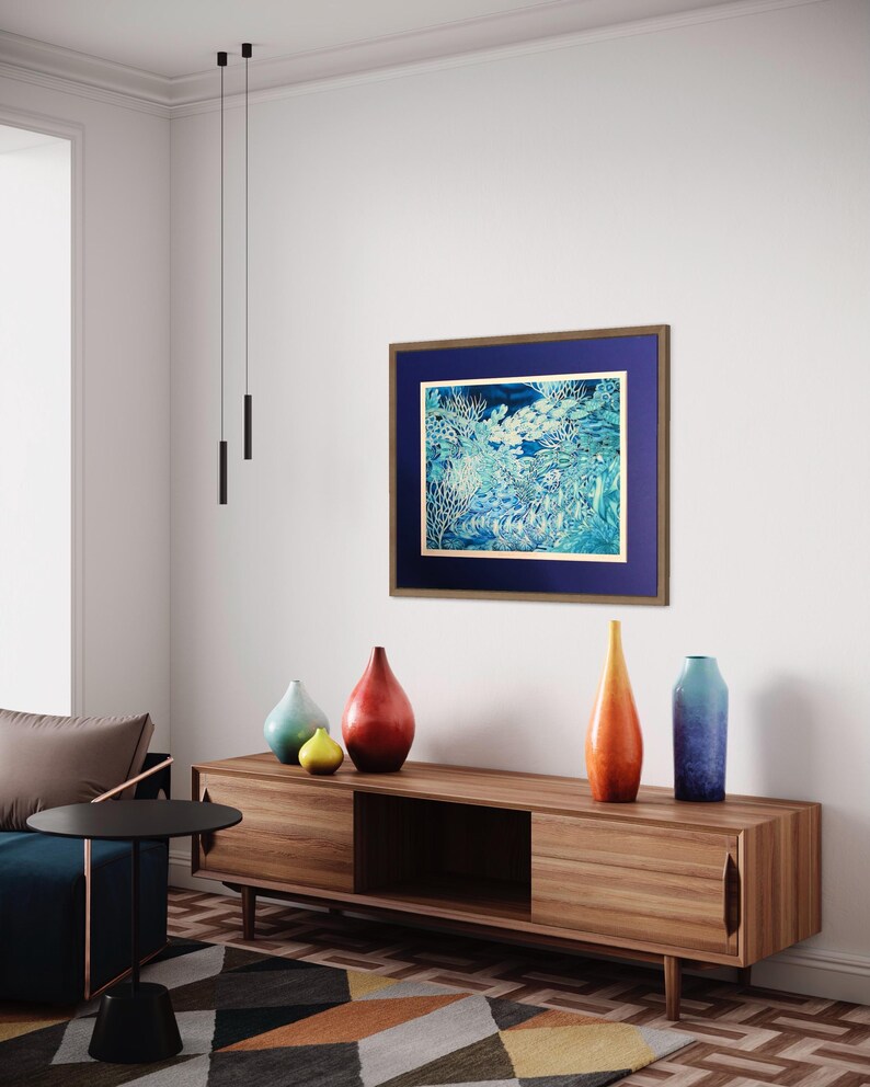 coral reef large art piece in blues and aquas. limited edition signed art print from an original painting on silk by Meikie. 65x85cm unmounted print with 2.5cm border, printed area 60x80cm.