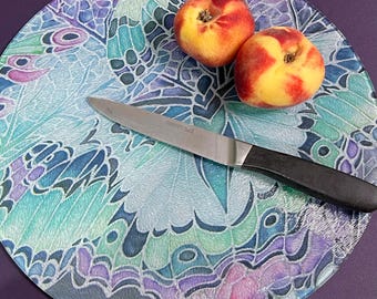 Lilac Green Butterfly Glass Chopping Board,  Round Kitchen Dining Counter Saver Pot Stand  Trivet Cake Platter Gift for Cook, Chef or Baker