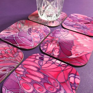 Butterfly Drinks Coaster Set  - Pretty Butterflies Mug Coasters - Pink Purple Tableware Gift - Butterfly Kitchenware - Hostess Gift
