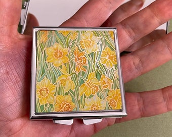 Joli miroir de sac à main jonquilles - Miroir de poche or jaune et vert - Miroir compact cadeau - Miroir de maquillage pliant