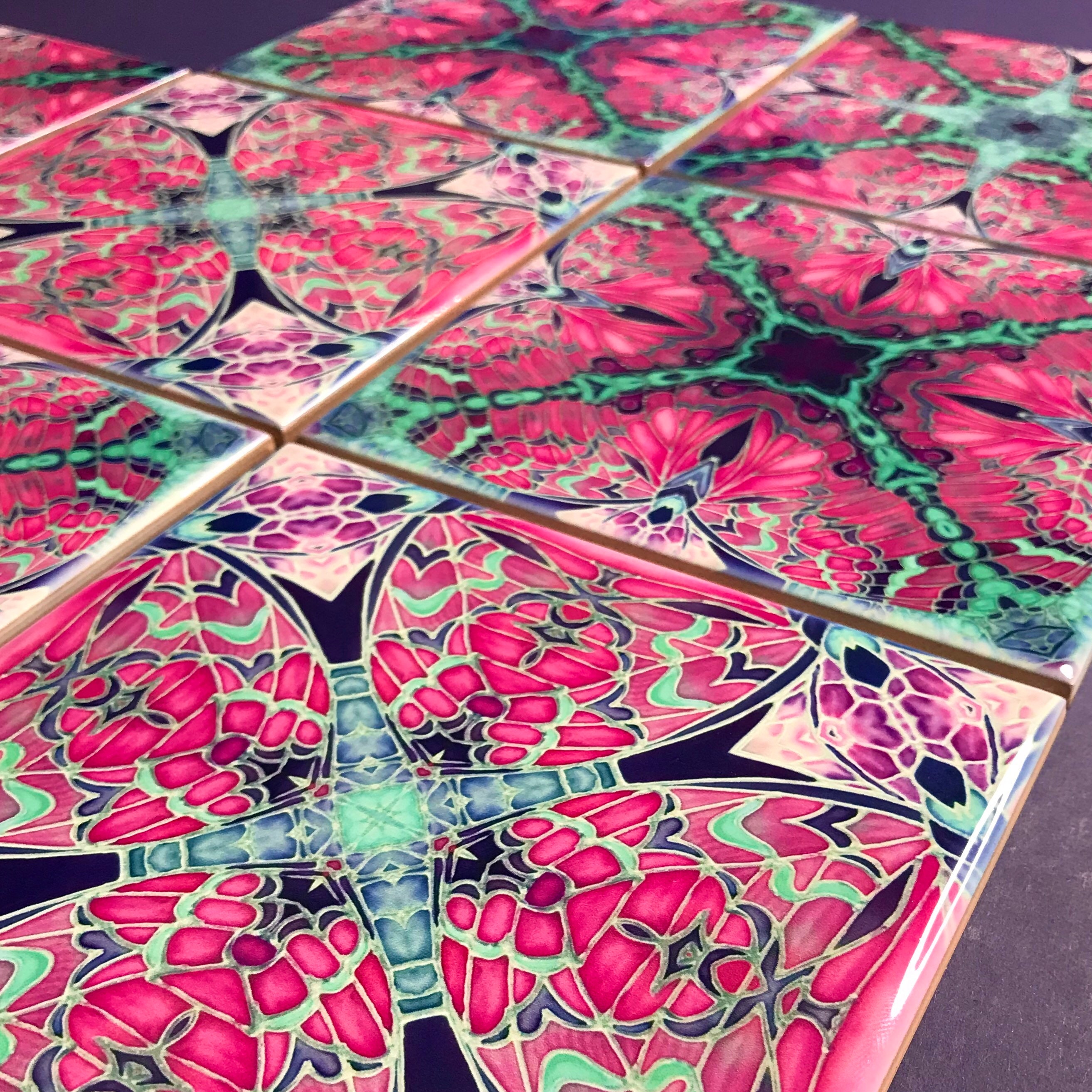 Mixed Set Hand Printed Tiles - Kaleidoscope Butterfly Pink Grey