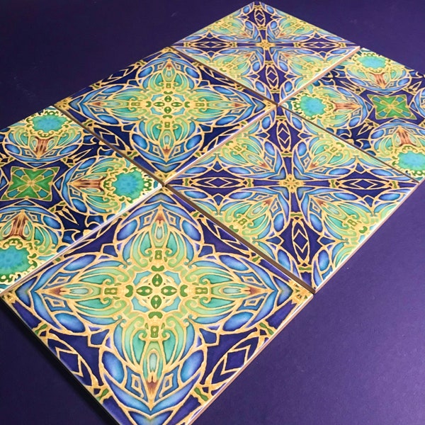 Mixed Set Hand Printed Blue Green Gold Tiles - Bohemian Style Kaleidoscope - Bathroom Kitchen Ceramic Wall Art Tiles