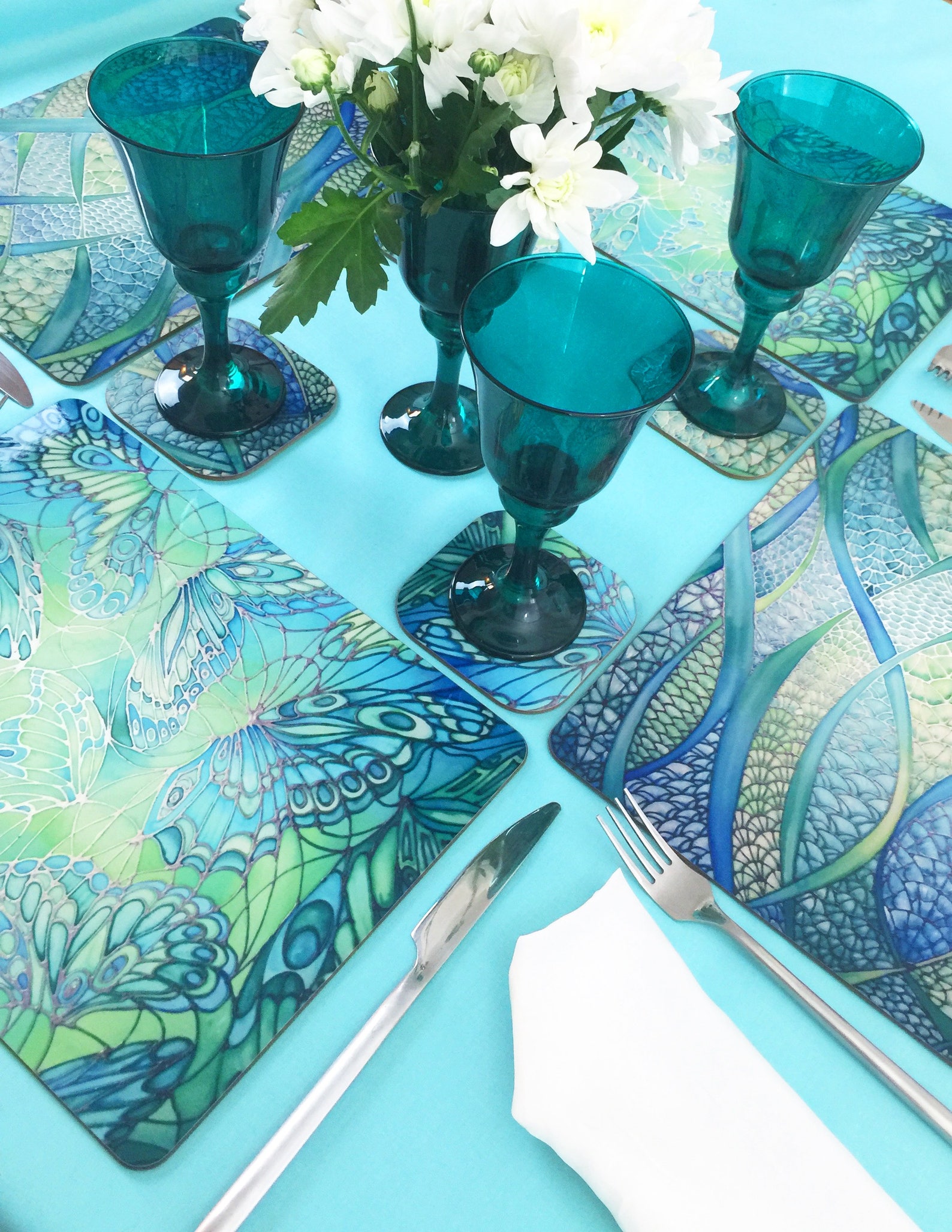 Green Table Mat & Drinks Coaster Set Mint Water Pattern Wine Etsy UK