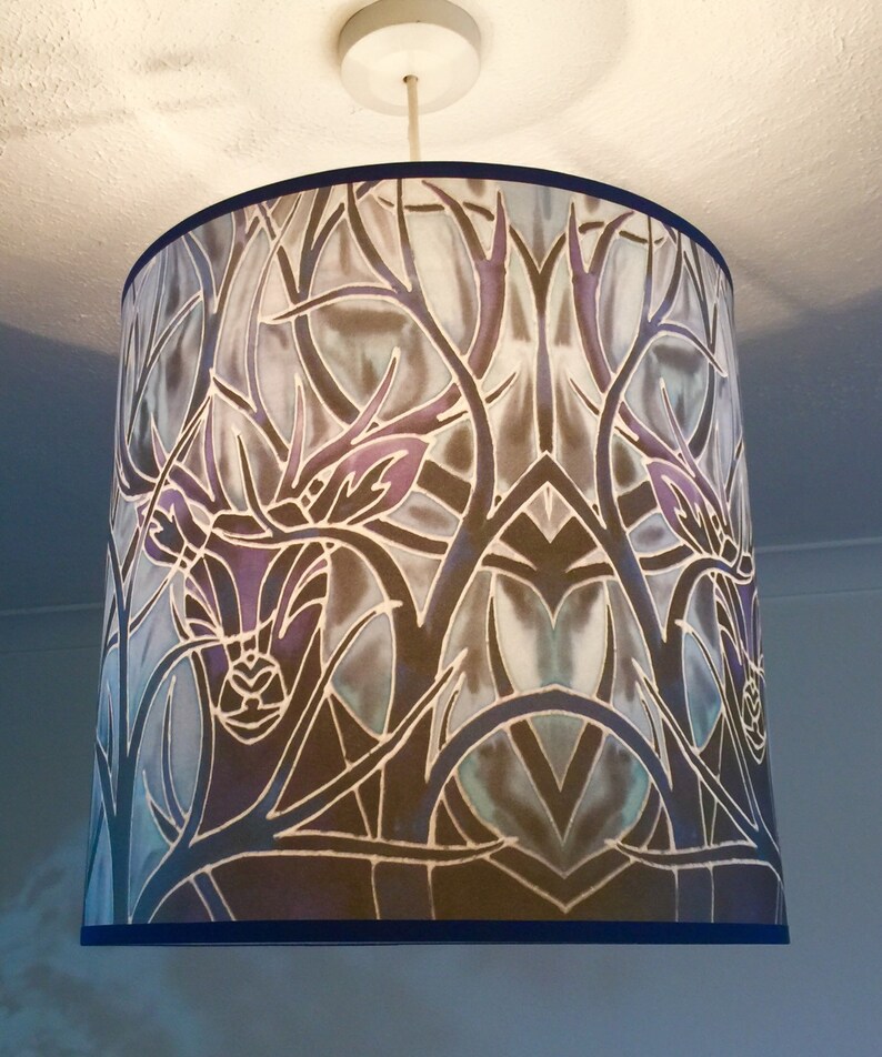 Stag In Moonlight Lamp Shade Deer Antlers Tree Branches Silk Painting Print Art Lampshade Blue Navy Prussian Woodland Decor