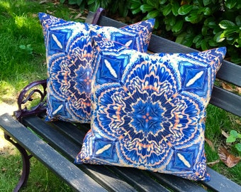 Contemporary Moths Showerproof Cushion - Blue Orange Grey Exterior Accent Pillow - Garden Seating Cushion - Gardener Gift