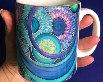 Contemporary Abstract Coffee Mug OR Circles Ceramic Mug & Coaster Box Set - Blue Green Purple and Turquoise Kitchenware - Coffee Lover Gift