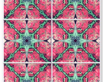Butterfly Star Hand Printed Tiles - Kaleidoscope Butterfly Pink Grey Mint colours - Bathroom Kitchen Ceramic Art Tiles