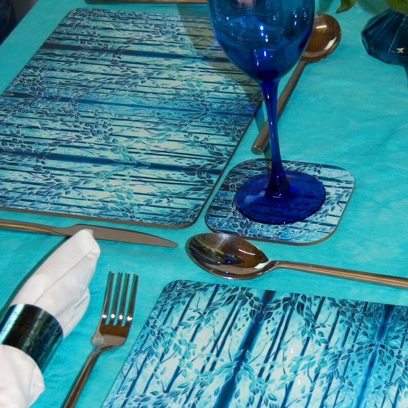 Teal Blue Placemats and Coasters Trees Rectangular Dining Etsy Norway