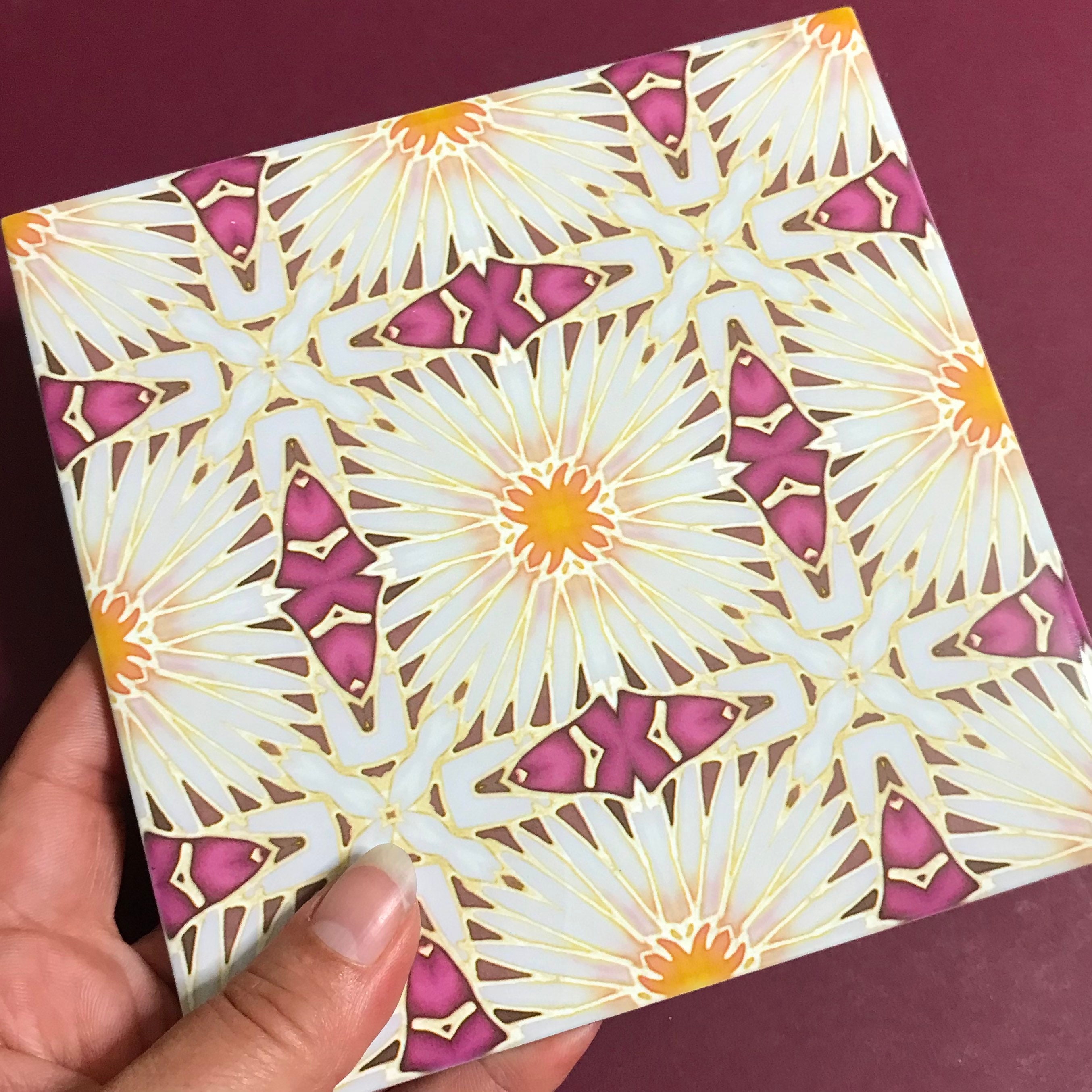 Plum White Gold Art Deco Daisy Flower Hand Printed Wall Tile - Bathroom ...