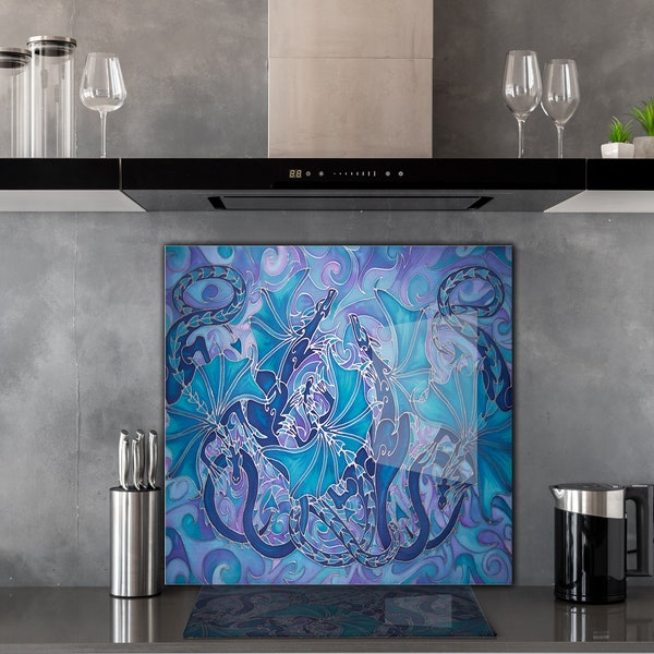 Dragon Splashback 60x60cm - Bold Deep Blue Glass Wall Art for a Statement Bathroom Kitchen or Bar Area. Family of 5 Dragons in Blue Flames.