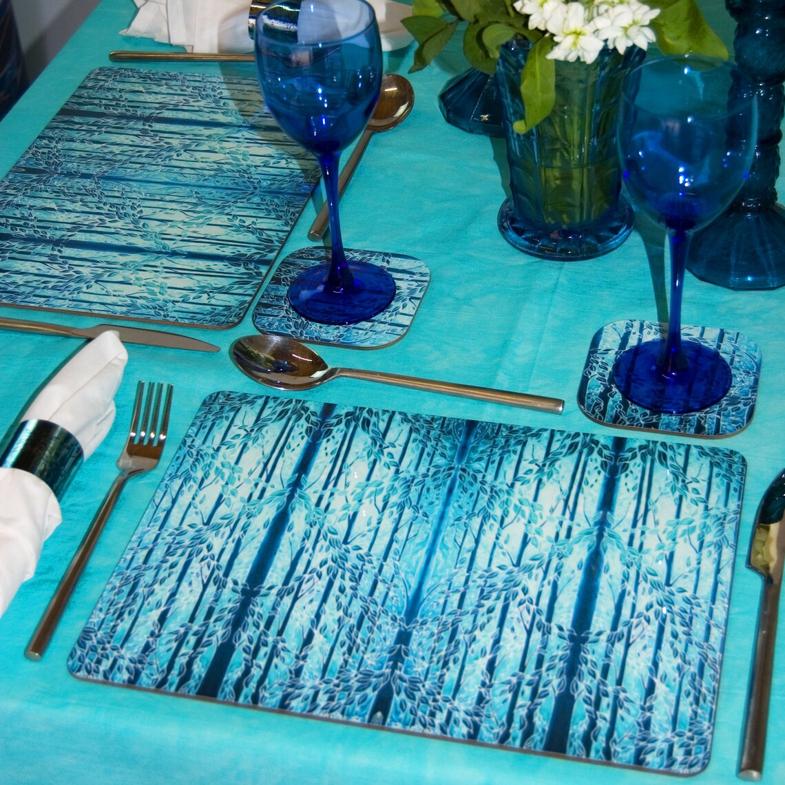 Teal Blue Placemats and Coasters Trees Rectangular Dining Etsy