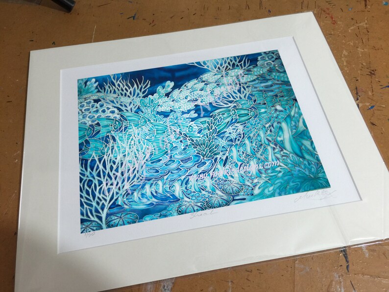 coral reef large art piece in blues and aquas. limited edition signed art print from an original painting on silk by Meikie. 65x85cm unmounted print with 2.5cm border, printed area 60x80cm.