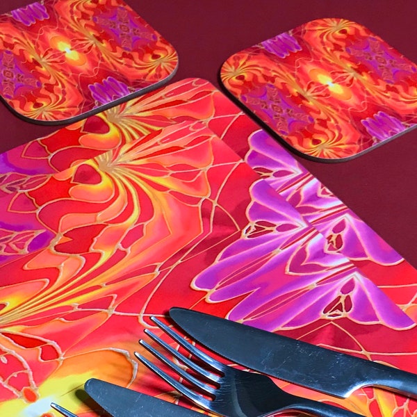 Dramatic Orchid Rectangular TableMats & Coasters - Bright Pink Orange Red placemat Dining Decor - Hard Wearing Melamine Style Tableware