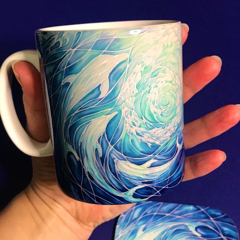 Extra Large Dolphins Mug. Blue Aqua mugs in BIG & standard sizes.  mug & coaster box set. nature lovers gift set. Sealife lovers gift. dolphin lovers gift. gift for him. gift for teacher. gift for her. tea coffee lovers gift.