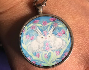 White Rabbit Round Pendant - Pendant Necklace in White Blue Pink Green - Women's Birthday Jewelry Gift for Her