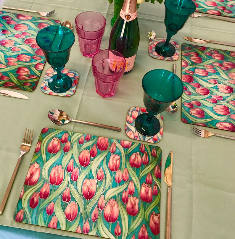 Tulips Rectangular Placemats and Coasters Pink Green Dining Etsy UK
