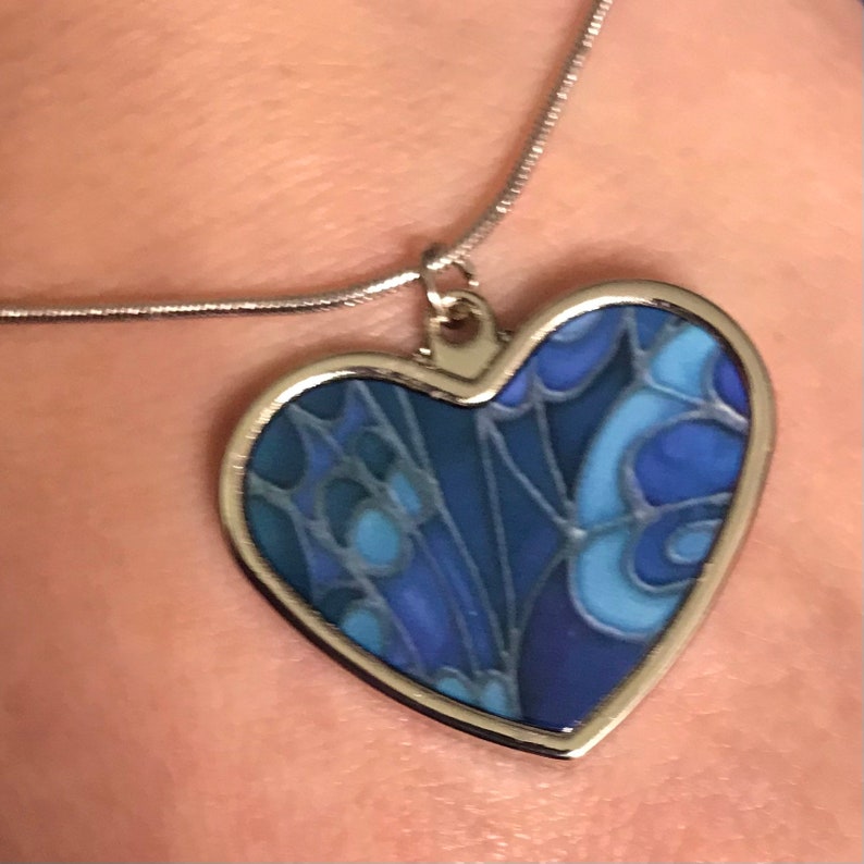 Turquoise Heart Pendant 22cm Blue Butterfly Pendant Necklace 8.6 Silk Painting Print Womens Jewellery Chain Wife Girlfriend Gift