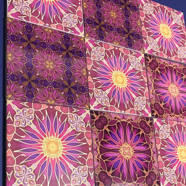 Mixed Set Hand Printed Plum Blooms Tiles - Bohemian Style Pink Purple Gold Bathroom Kitchen Ceramic Wall Art Tiles