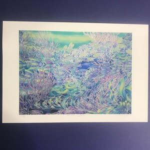 May include: A colorful abstract print of a coral reef with blue, green, and purple hues. The print features a variety of coral shapes and textures, as well as small fish swimming through the reef.