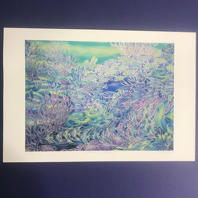 May include: A colorful abstract print of a coral reef with blue, green, and purple hues. The print features a variety of coral shapes and textures, as well as small fish swimming through the reef.