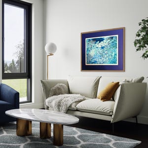 coral reef large art piece in blues and aquas. limited edition signed art print from an original painting on silk by Meikie. 65x85cm unmounted print with 2.5cm border, printed area 60x80cm.