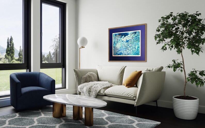 coral reef large art piece in blues and aquas. limited edition signed art print from an original painting on silk by Meikie. 65x85cm unmounted print with 2.5cm border, printed area 60x80cm.