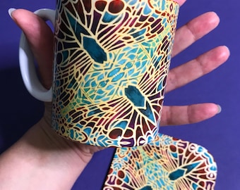 Mosaic Butterfly Coffee Mug OR Red Teal Mug and Coaster Box Set - Stained Glass look Ceramic Mug - Vibrant Kitchen Decor - Contemporary
